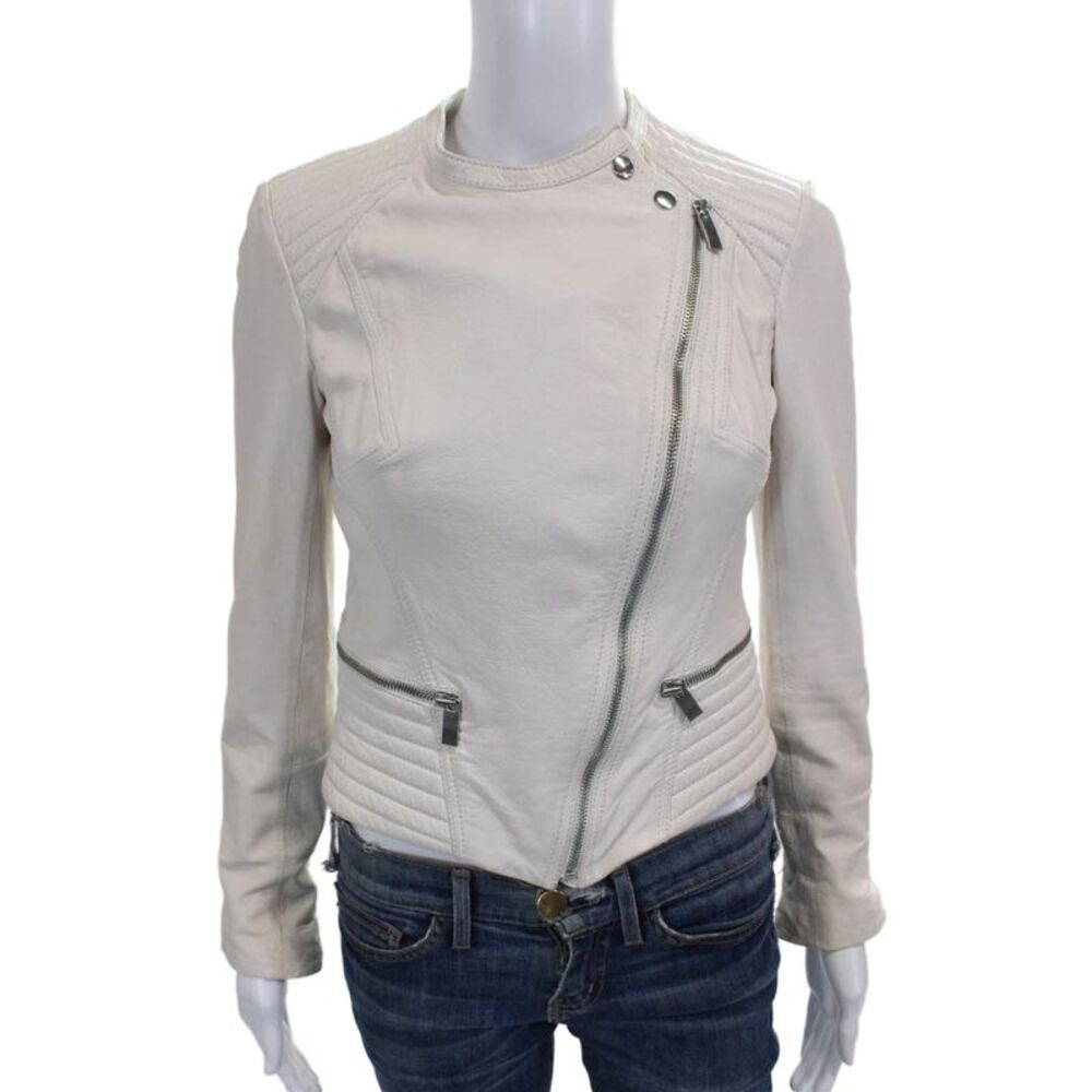 Needle & Thread Womens Ivory Leather Biker Jacket Zip Size 2